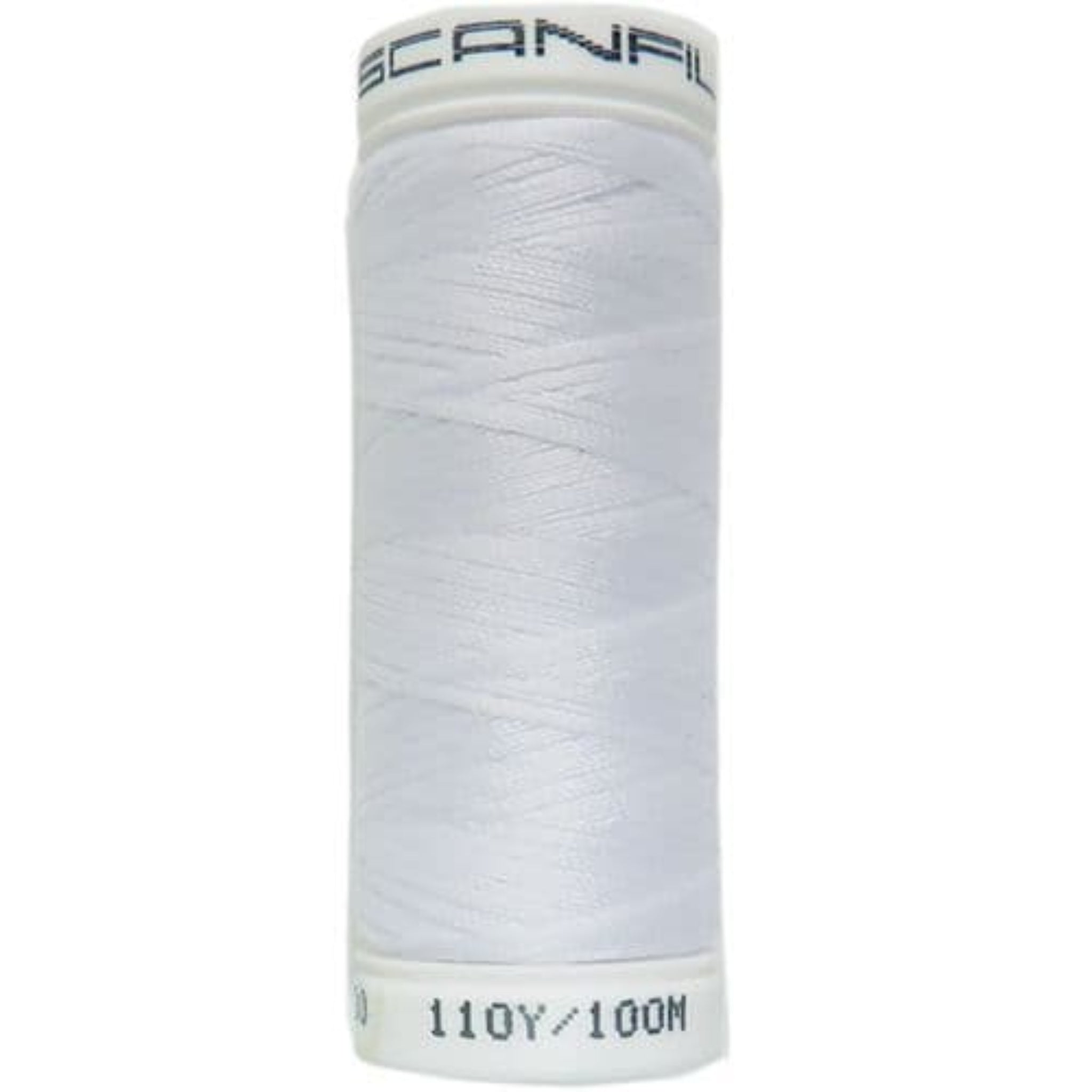 Spool of white thread with 'Scanfil' branding 