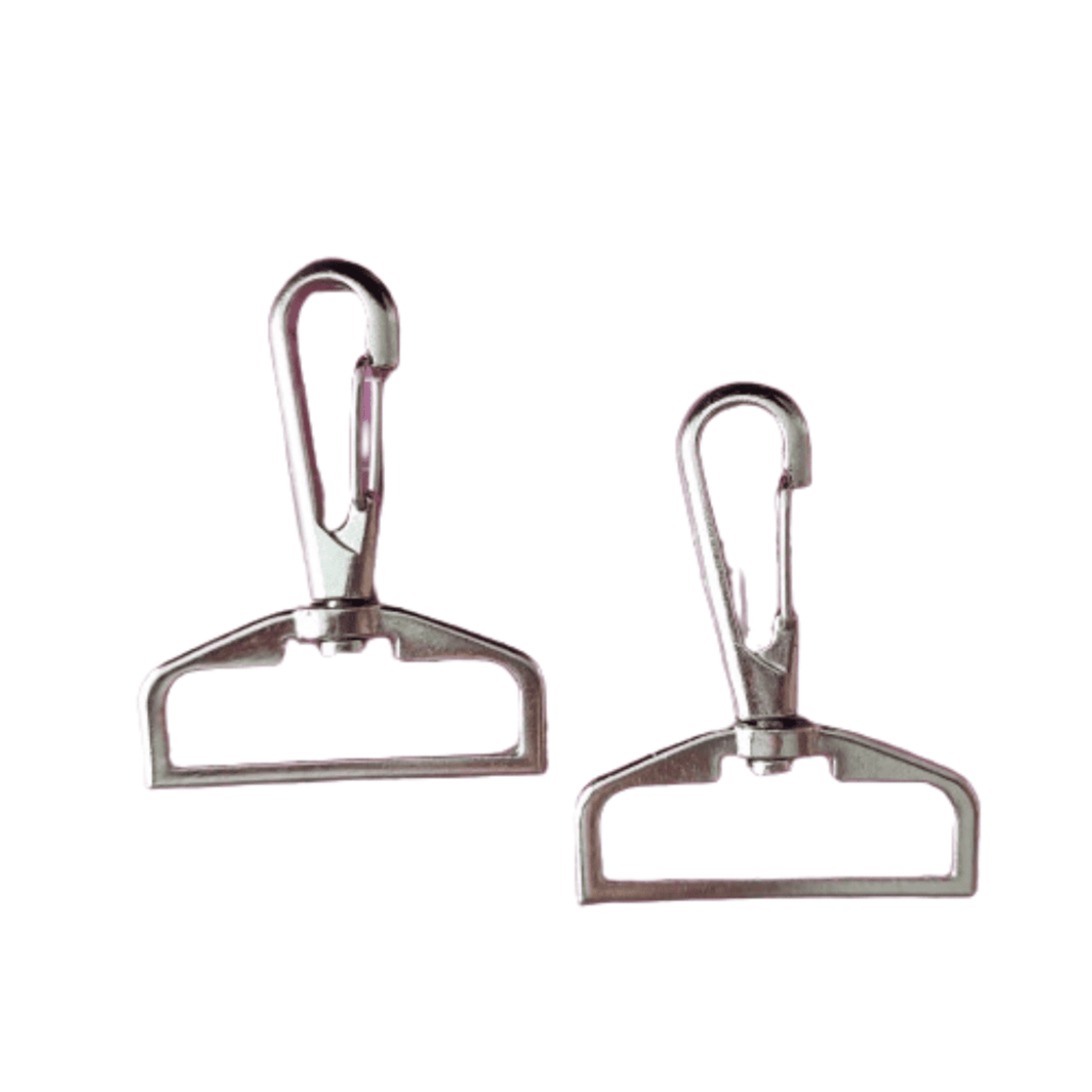 Two metal clips with carabiners on a white background. Swivel clips for bag making.