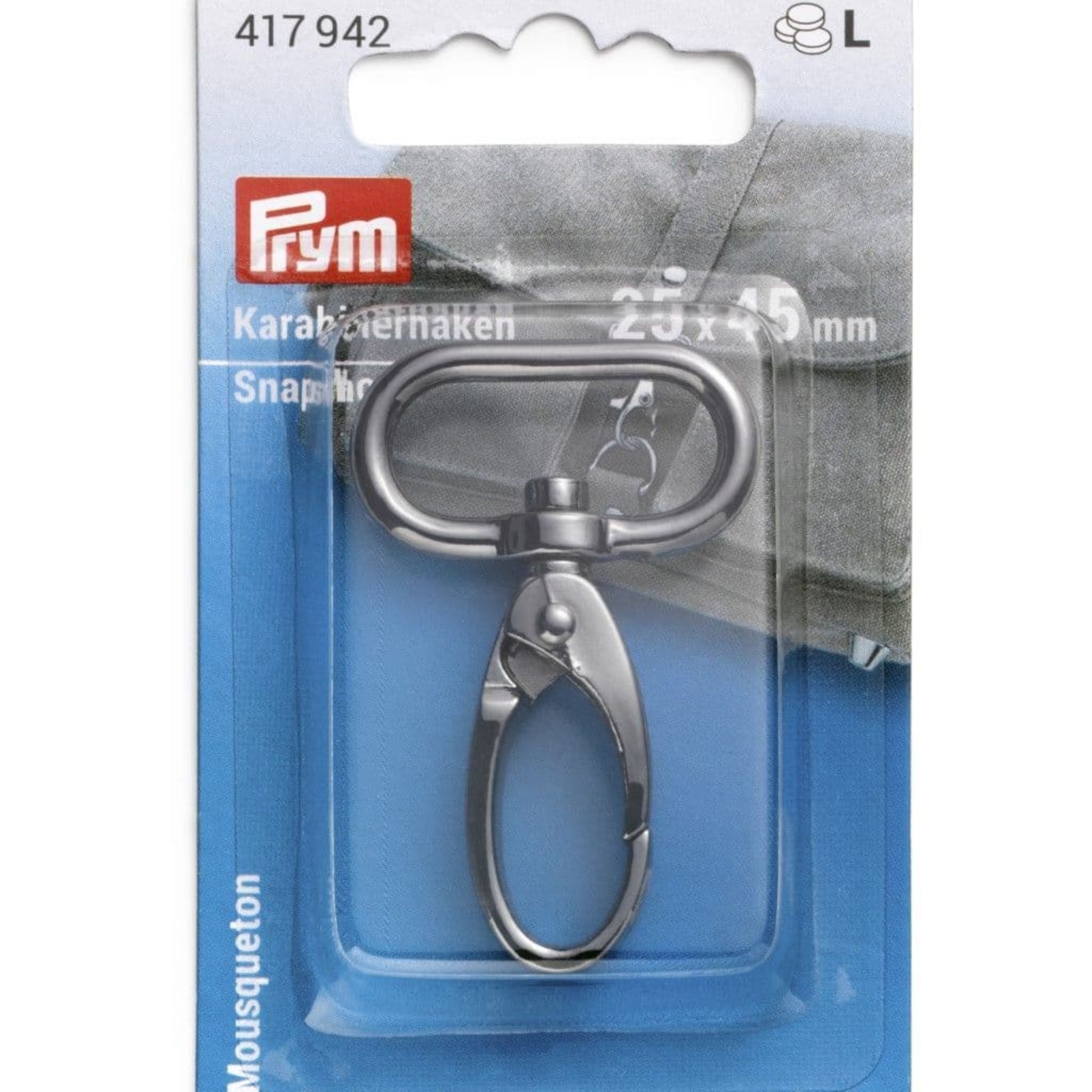 Metal snap hook in packaging with Prym branding