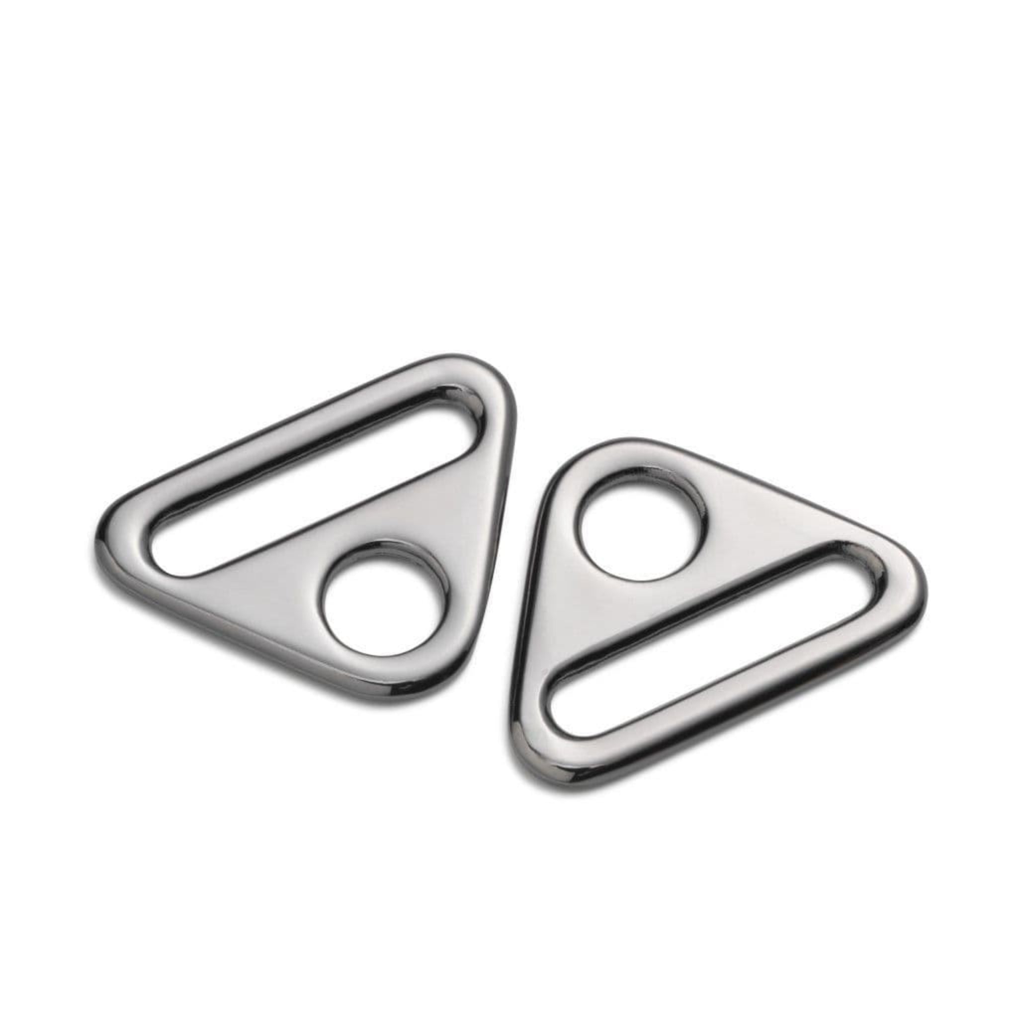 Two silver triangular metal rings on a white background